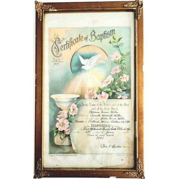 1941 Lithograph Certificate Baptism Framed Patricia Wills Portland Maine GstRm - Picture 2 of 8